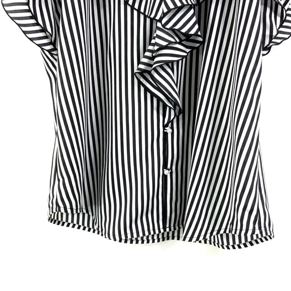 KARL LAGERFELD Paris Sleeveless Black White Vertical Striped Tank Top Ruffle M18 - Picture 3 of 8